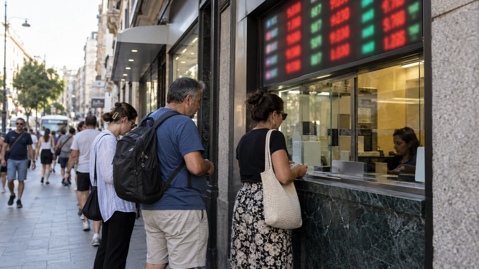 Re-creation: people waiting at a currency exchange office beneath a board of exchange rates.