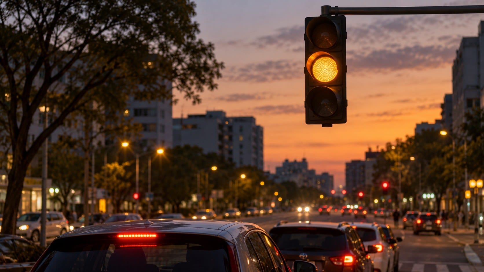 Re-creation: a traffic light on yellow at dusk.