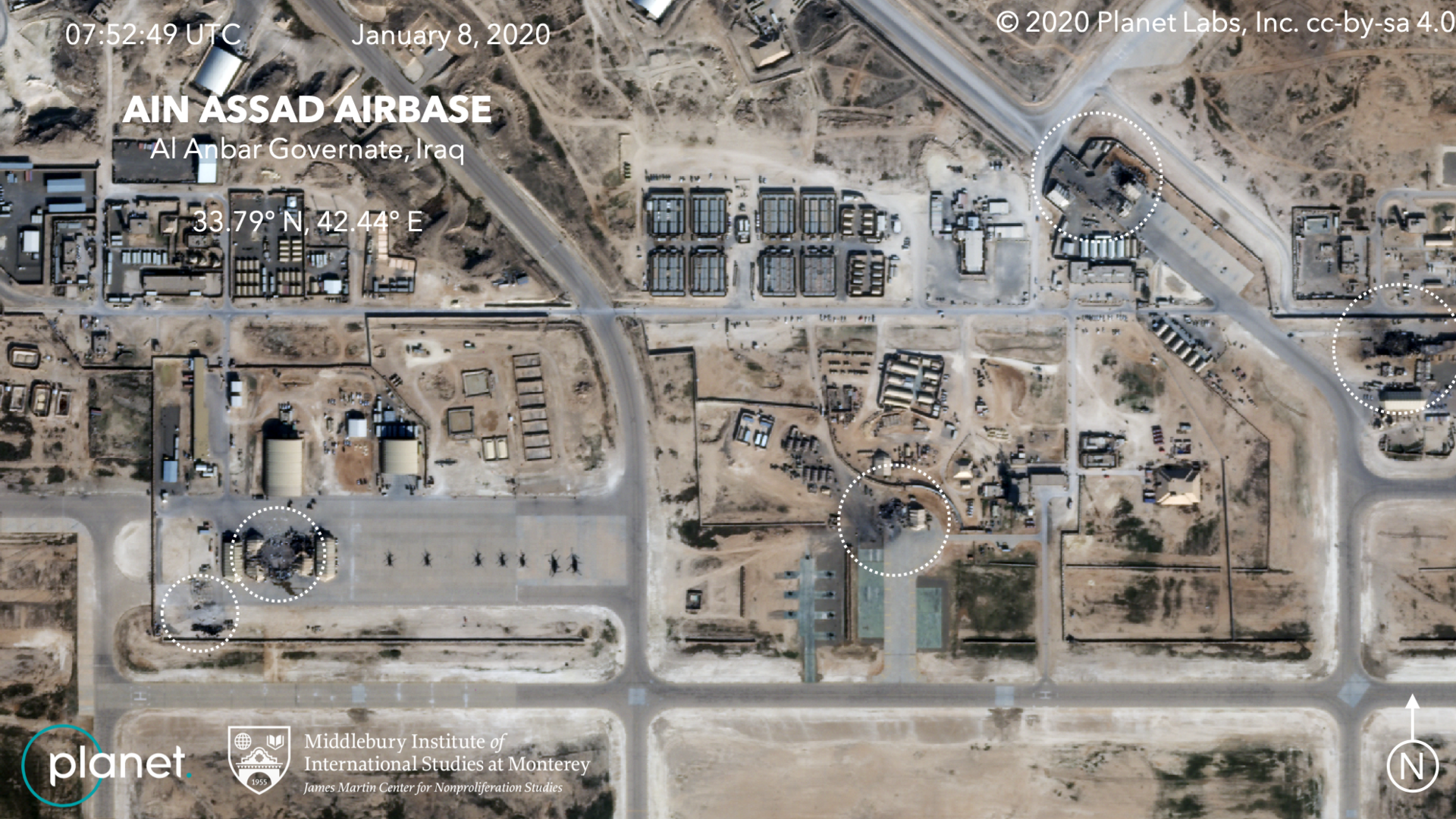 Satellitenbild der Schäden auf dem Luftwaffenstützpunkt Ain al-Asad nach einem iranischen Angriff