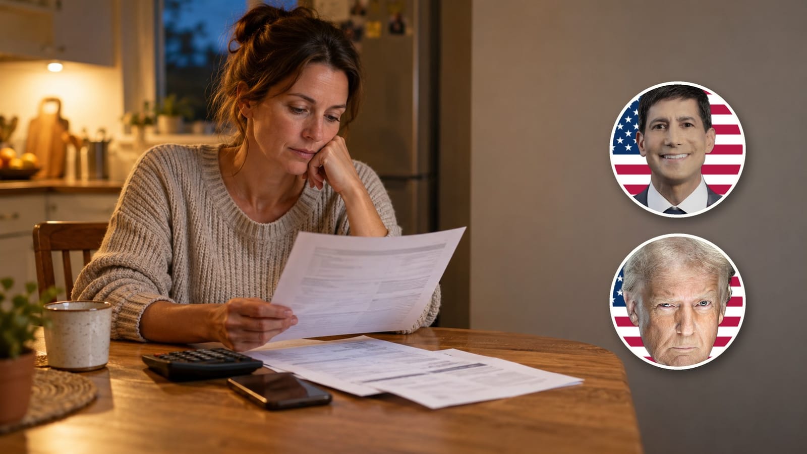 A woman reviews a loan statement at her kitchen table; in bubbles, Kevin Warsh and Donald Trump