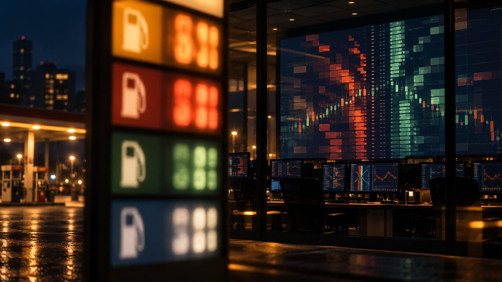 A fuel price sign at night and, behind it, a trading room with an order book on screen