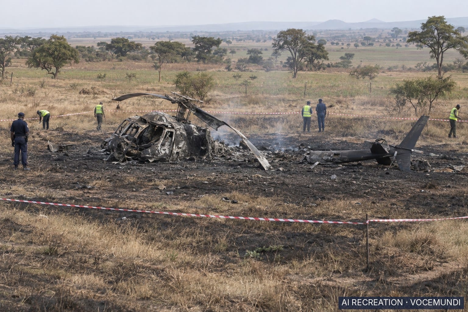Recréation par IA : des enquêteurs examinent l'épave calcinée d'un hélicoptère sur des terres agricoles brûlées près de Marondera, au Zimbabwe.