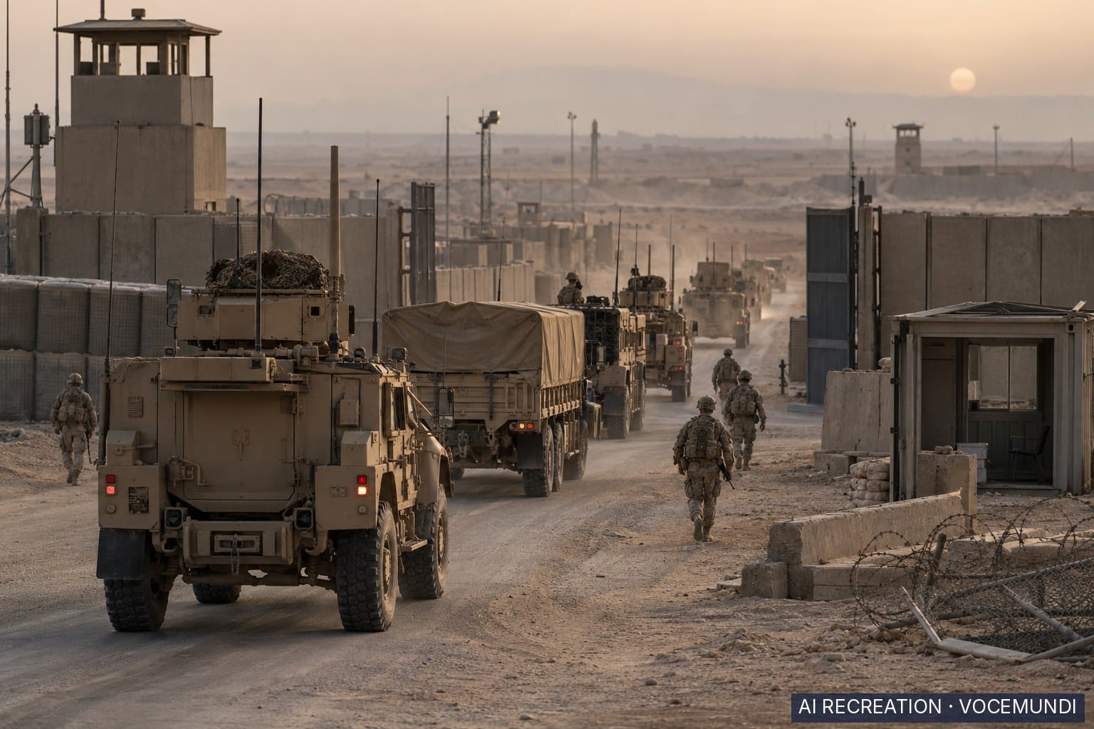 Recréation par IA : un convoi militaire quitte une base en Irak alors que les forces de la coalition menée par les États-Unis se retirent.