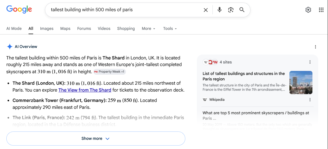 Photo d'archives : réponse d'AI Overview de Google affichée dans les résultats de recherche