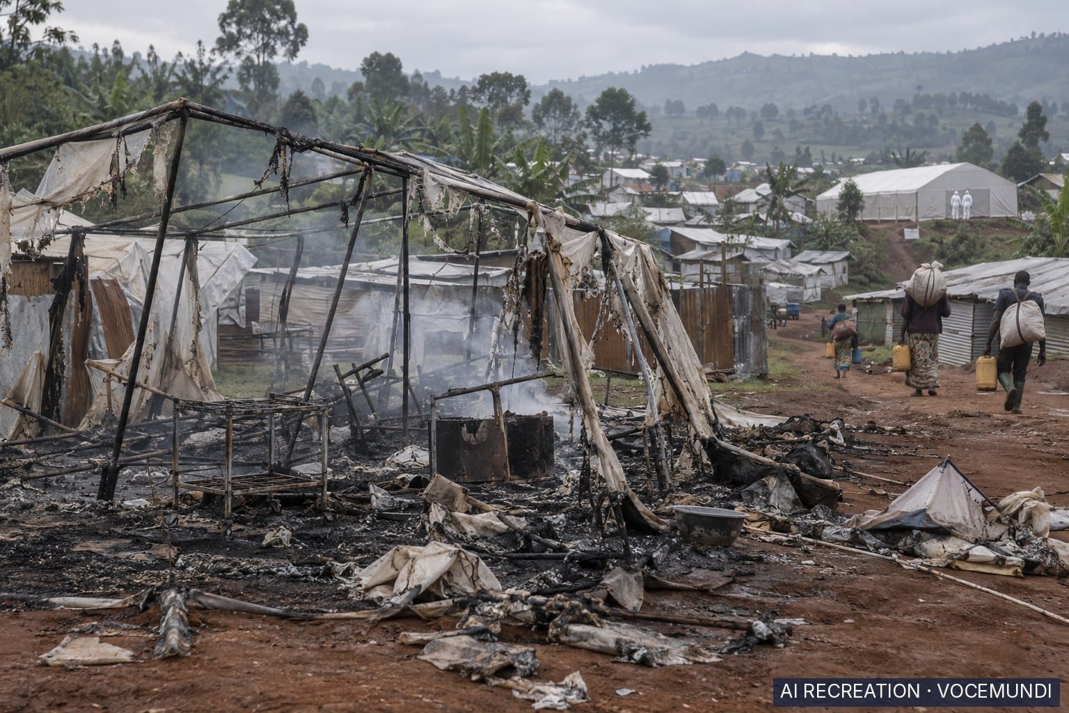 AI recreation: burned Ebola transit center at a displacement camp near Bunia as residents leave.