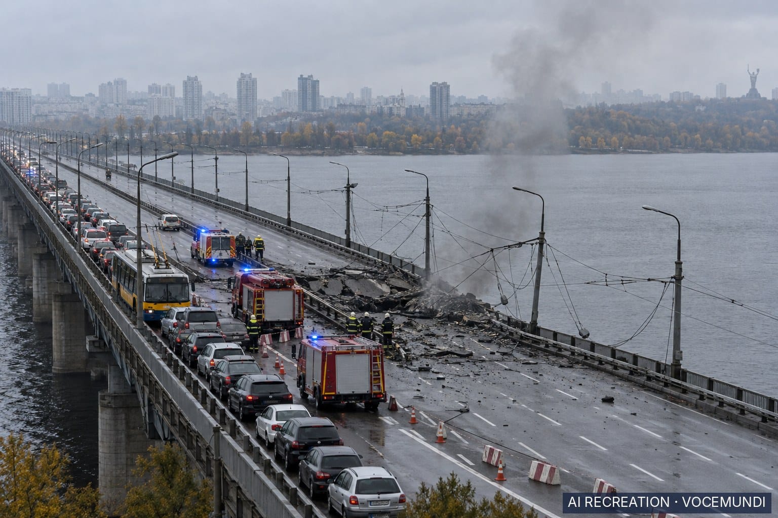 AI recreation: Emergency vehicles beside a damaged, closed lane on Kyiv's Northern Bridge, with traffic halted one way.