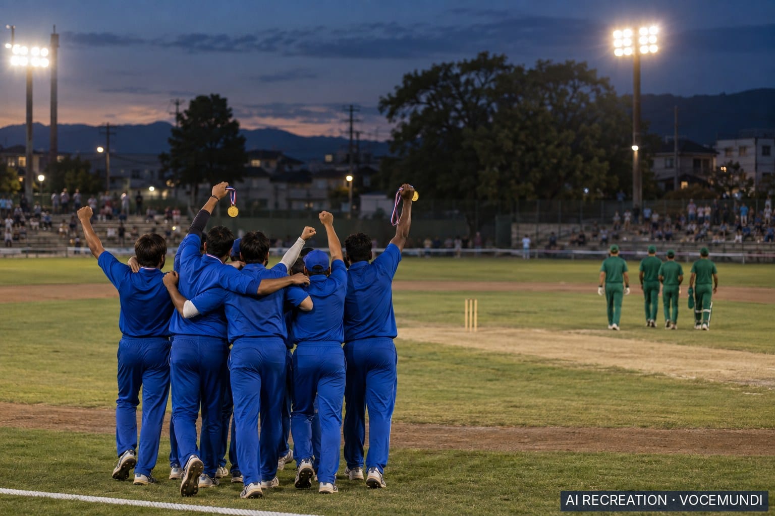AI recreation: Cricketers in blue celebrate with gold medals as green-clad opponents walk away on a converted baseball field.