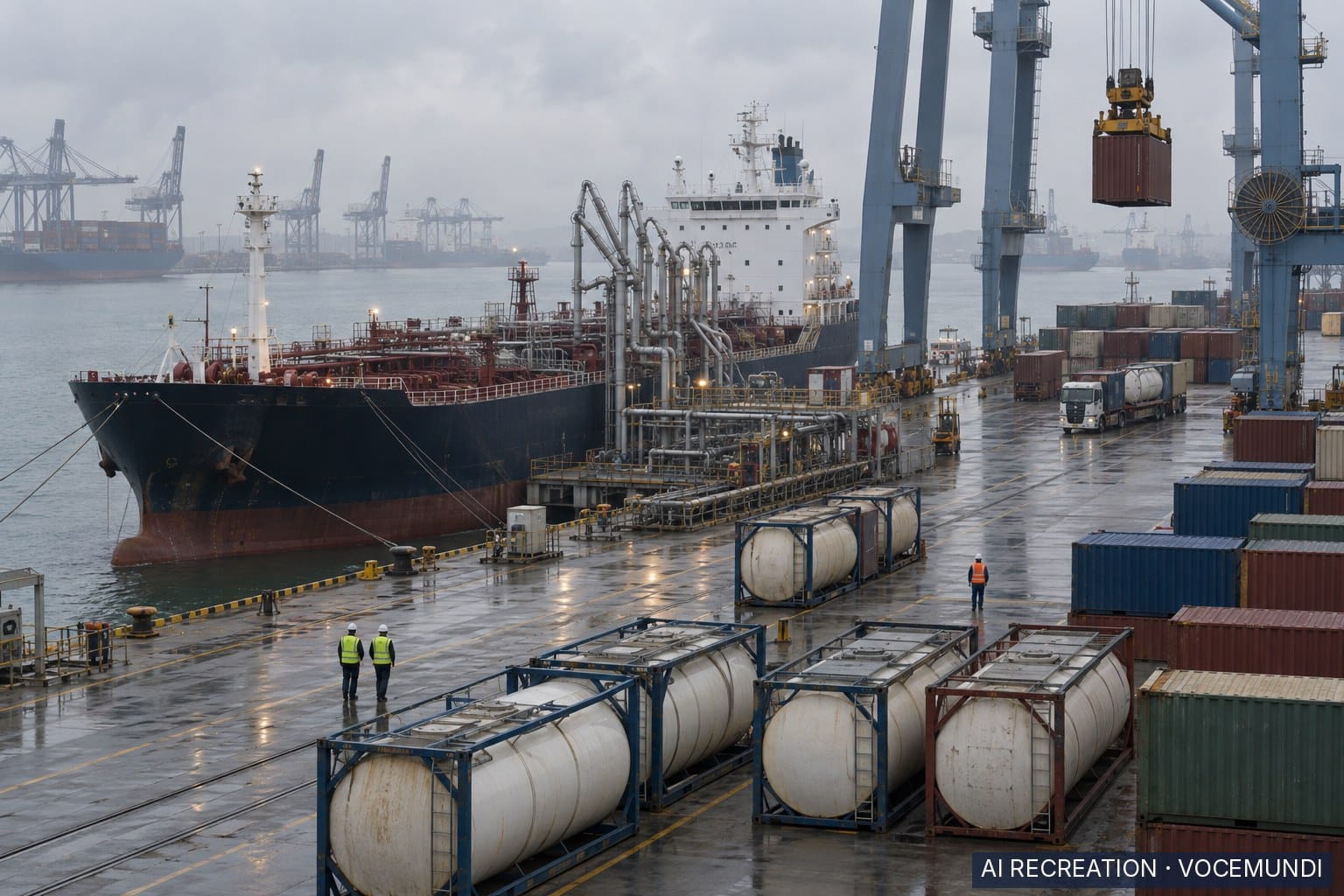 AI recreation: a chemical tanker and tank containers at a busy Chinese container port under overcast skies.