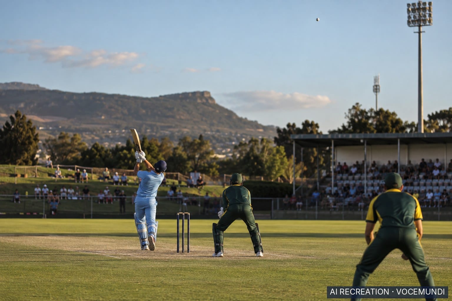 AI recreation: A left-handed batter, seen from behind, hits a six during a T20 match in South Africa.