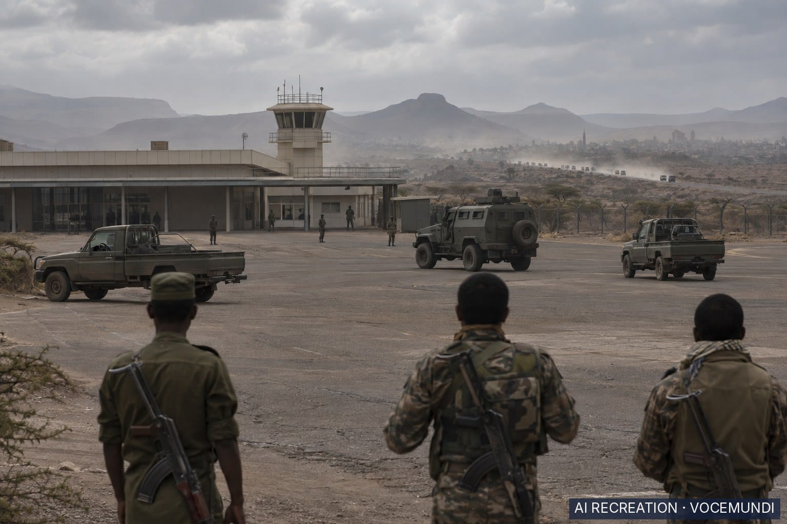 AI recreation: Armed soldiers seen from behind watch over an airport terminal near Mekelle, with military vehicles on the tarmac.