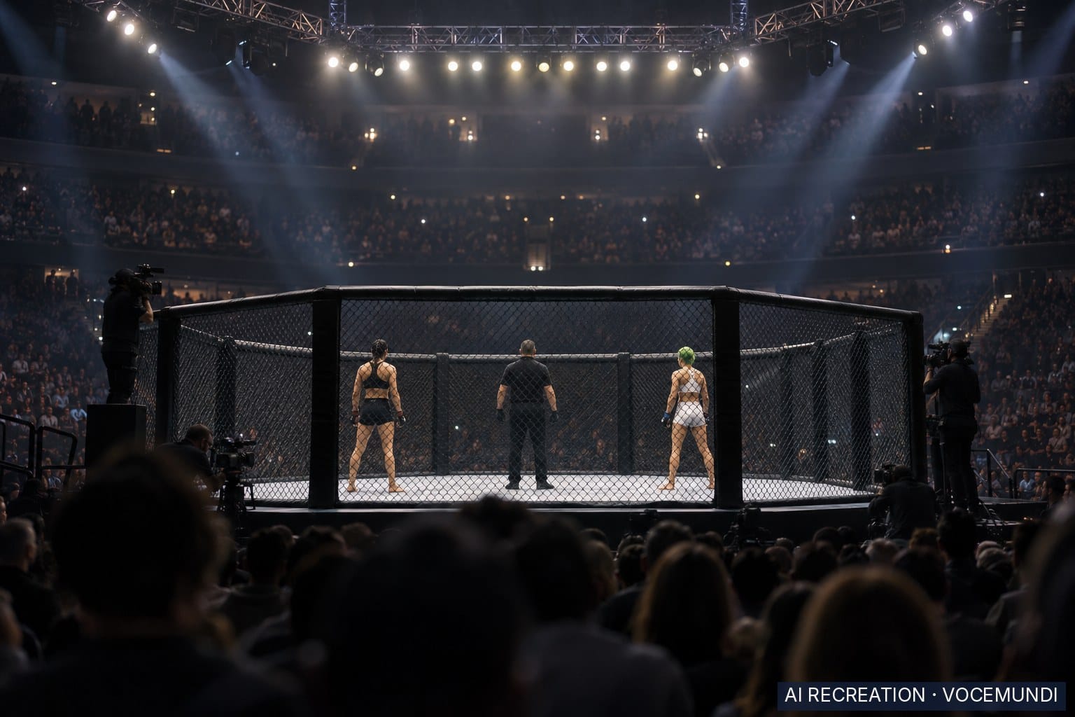 AI recreation: Two women flyweight fighters, seen from behind, face each other in an arena octagon before a title bout.