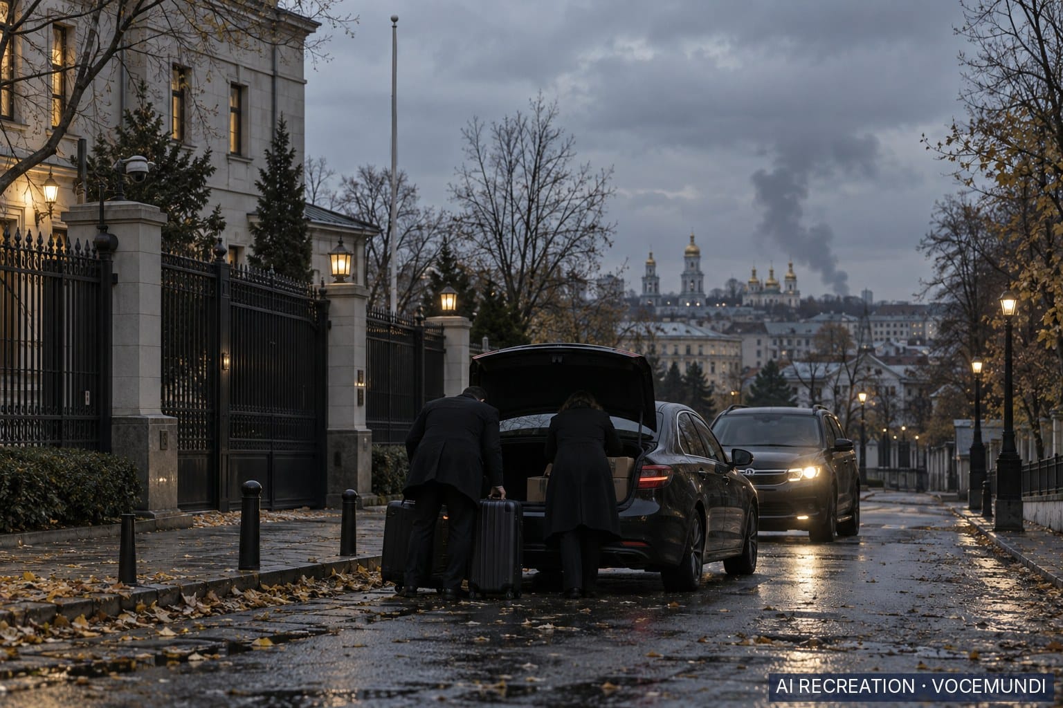 AI recreation: Figures load luggage into a car outside an embassy-style building in Kyiv as smoke rises.
