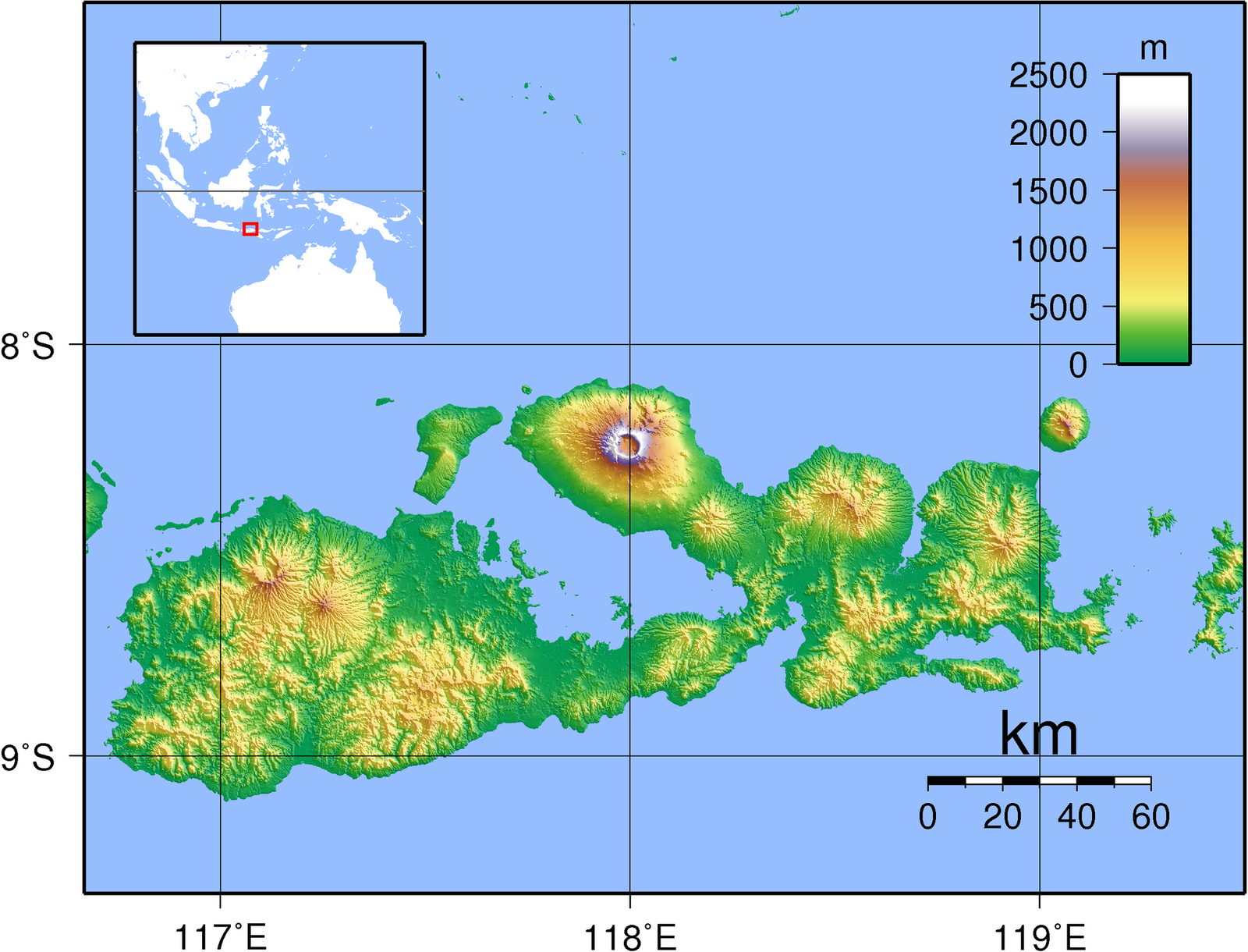 Topographic map of Sumbawa island, Indonesia.