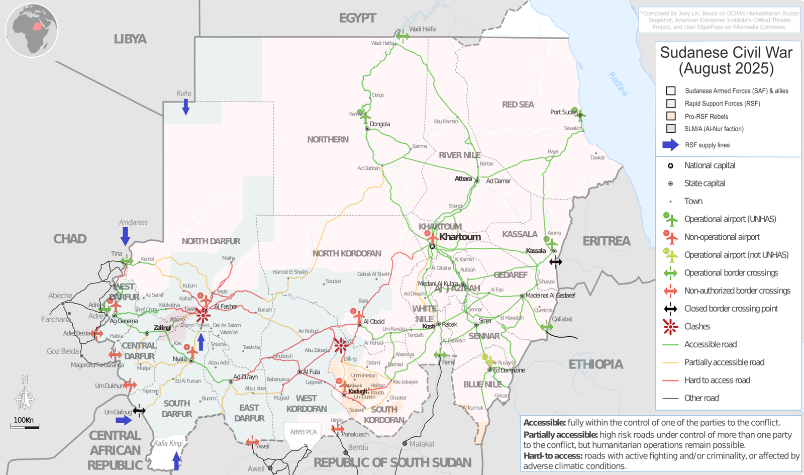 Map of Sudan's civil war and humanitarian access, August 2025