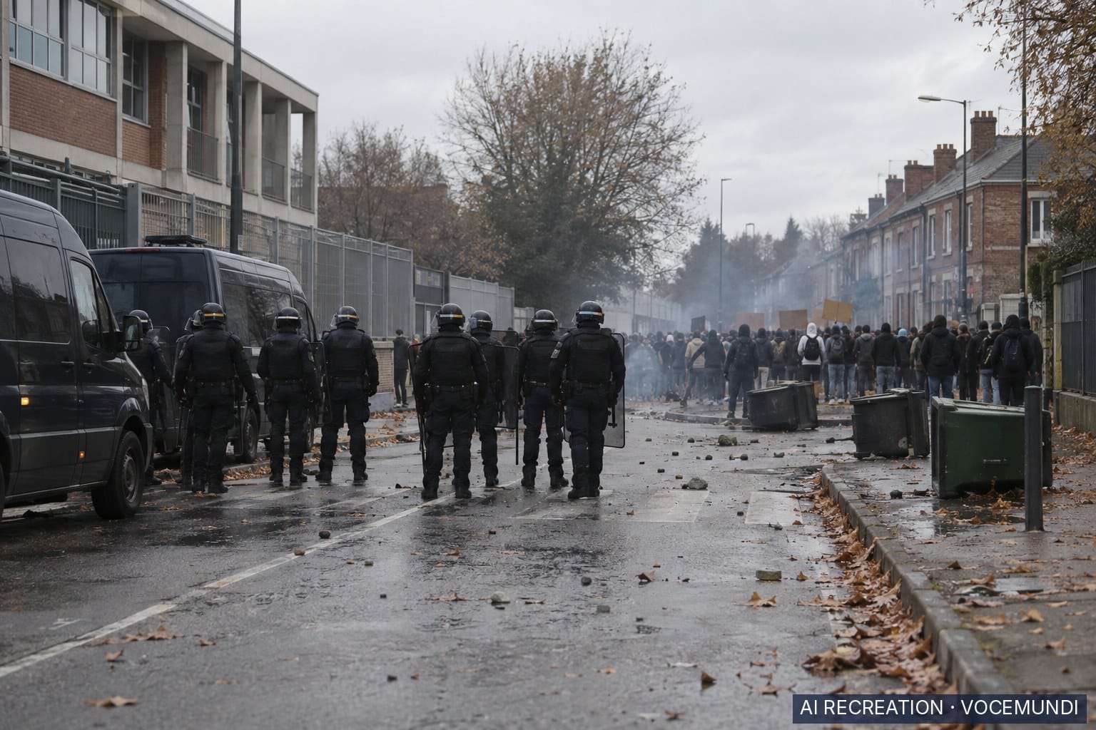 Recreación con IA: policías antidisturbios frente a estudiantes manifestantes ante un instituto en una localidad del norte de Francia.