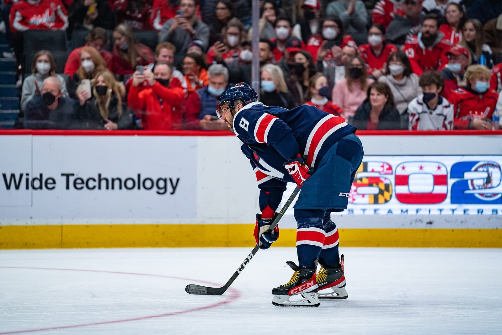 File photo: Alex Ovechkin prepares for a face-off against Ottawa, January 2022