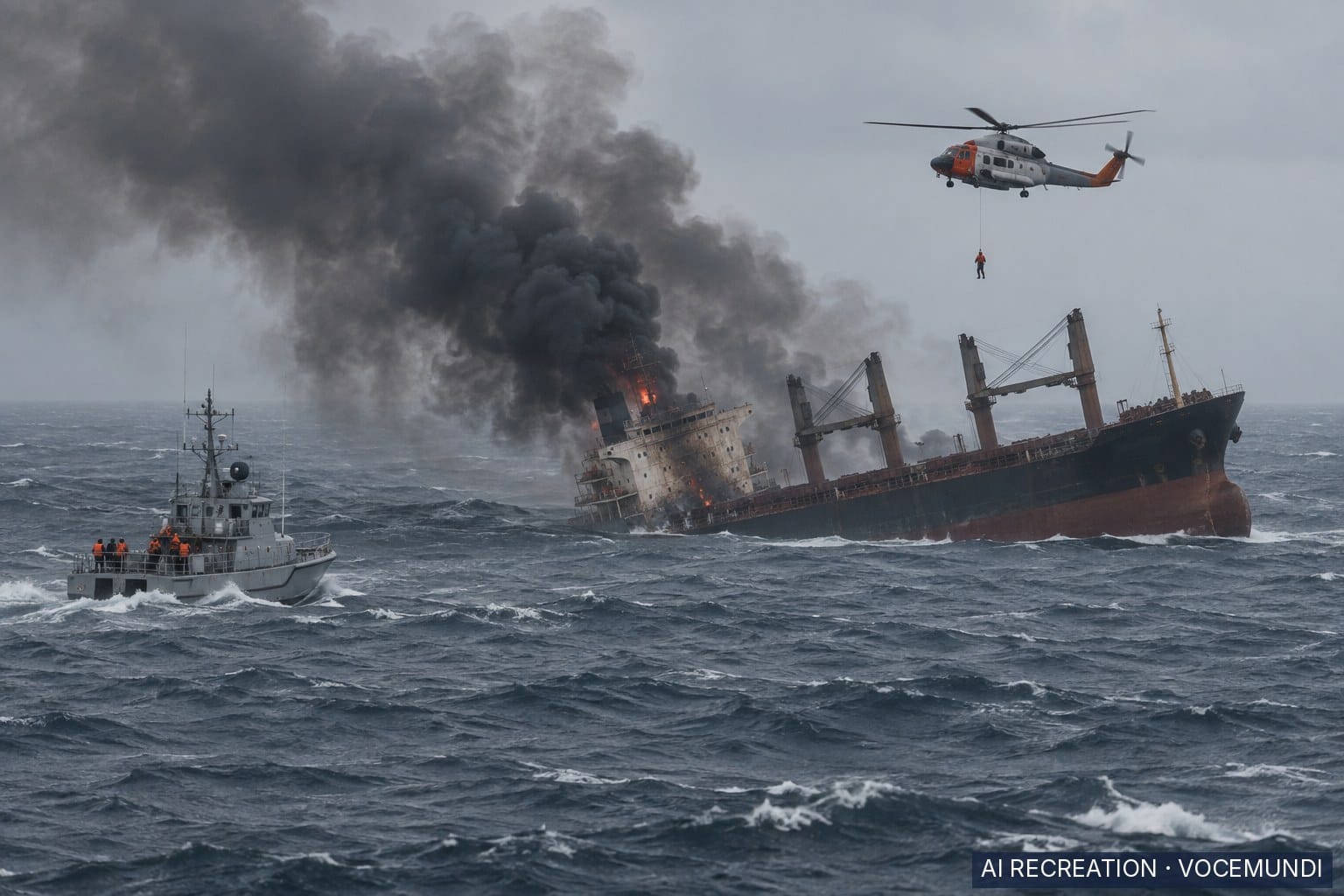AI recreation: burning cargo ship sinking in the Black Sea off Romania as rescuers and helicopter respond.