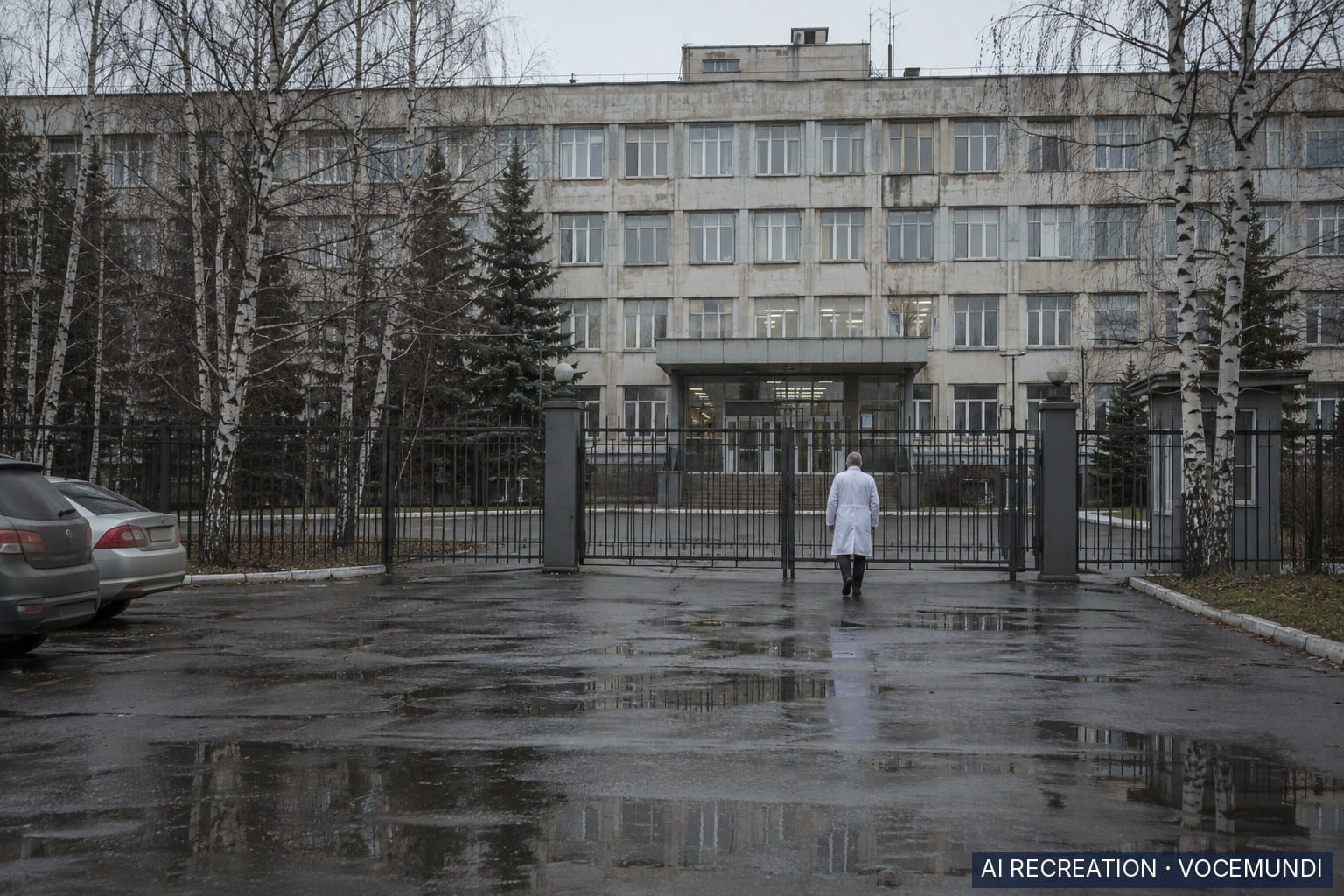 AI recreation: a generic research institute building in Siberia, with a lab-coated worker seen from behind.