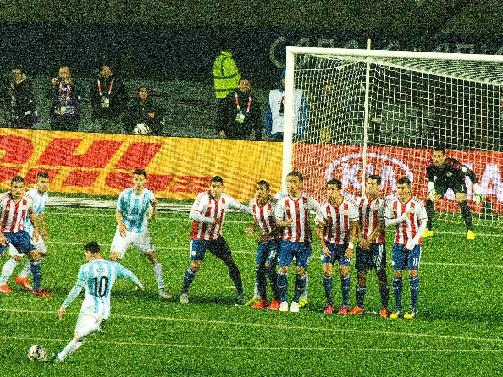 File photo: Messi takes a free kick against Paraguay, Copa América 2015
