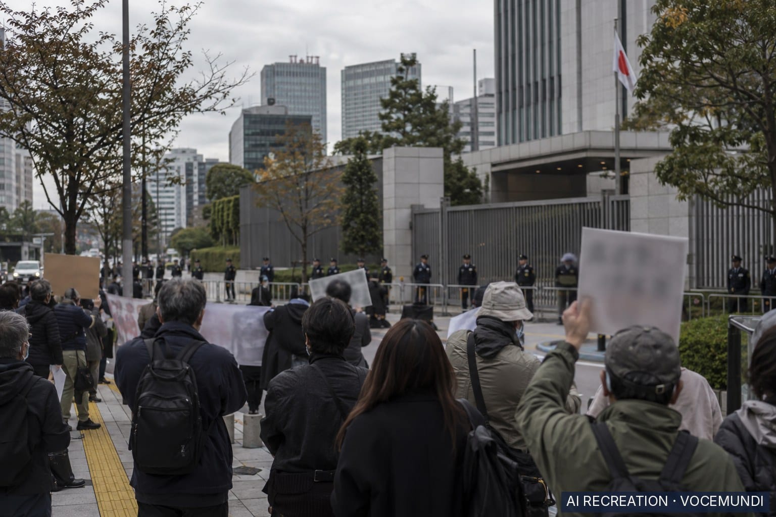 AI recreation: Protesters rally outside the US Embassy in Tokyo after a Marine's arrest over an Okinawa killing.
