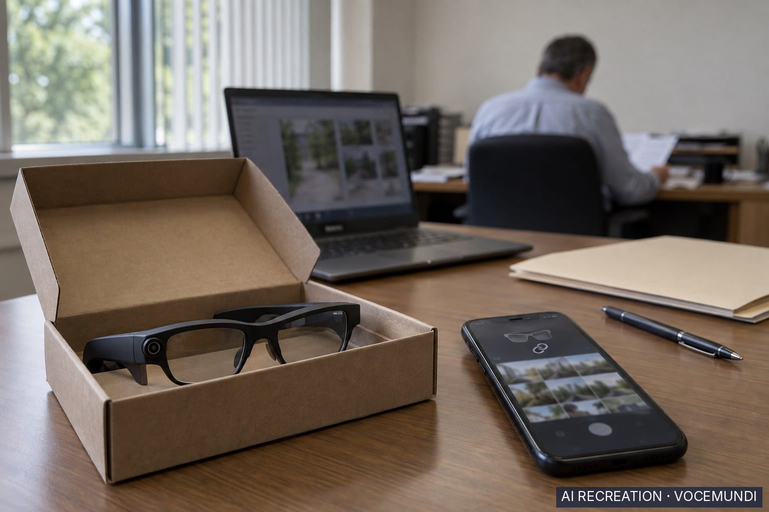 AI recreation: camera smartglasses and companion phone app on a desk at a privacy regulator's office.