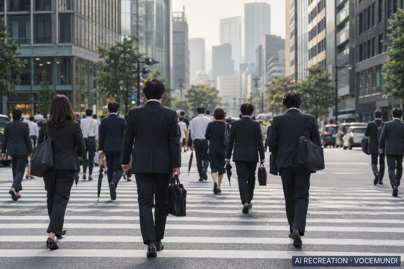AI recreation: office workers commute through a Tokyo business district as Japan's real wages rise 1.5%.