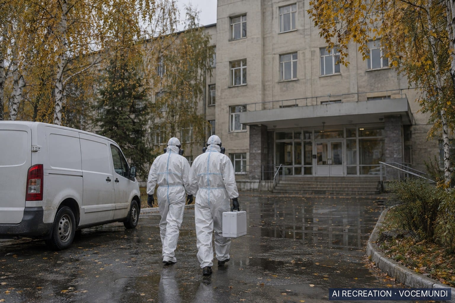 AI recreation: health workers in protective suits approach a Siberian research institute building in Irkutsk.