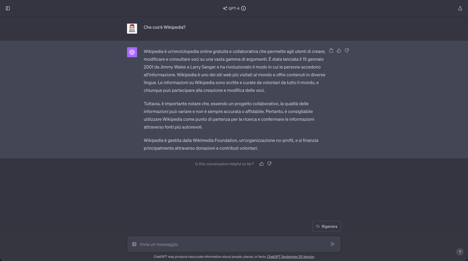 Image d'archives : exemple de conversation dans l'interface de discussion de ChatGPT, d'OpenAI