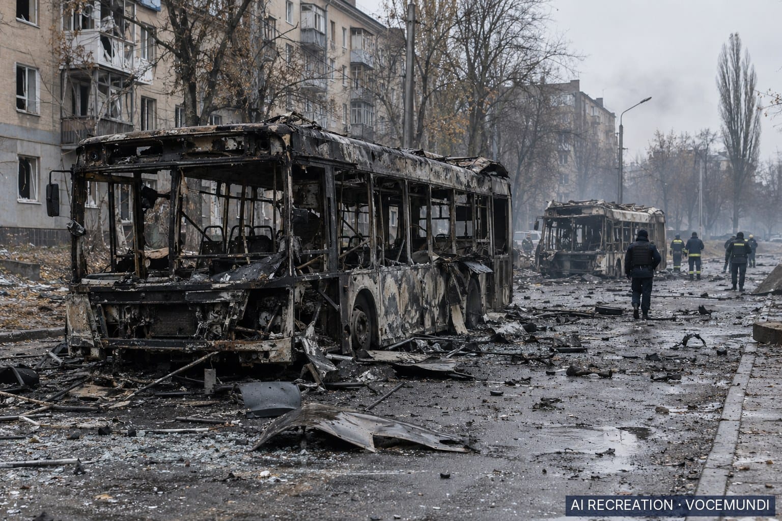 AI recreation: burned-out bus shell and debris on a Kramatorsk street after the strike on two buses.