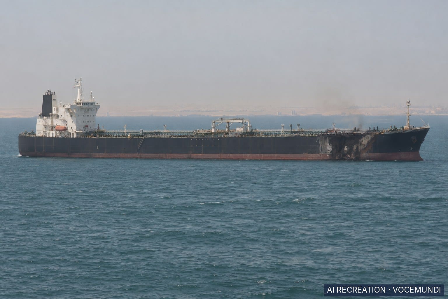 AI recreation: Tanker with scorched hull off the UAE coast after a reported projectile strike