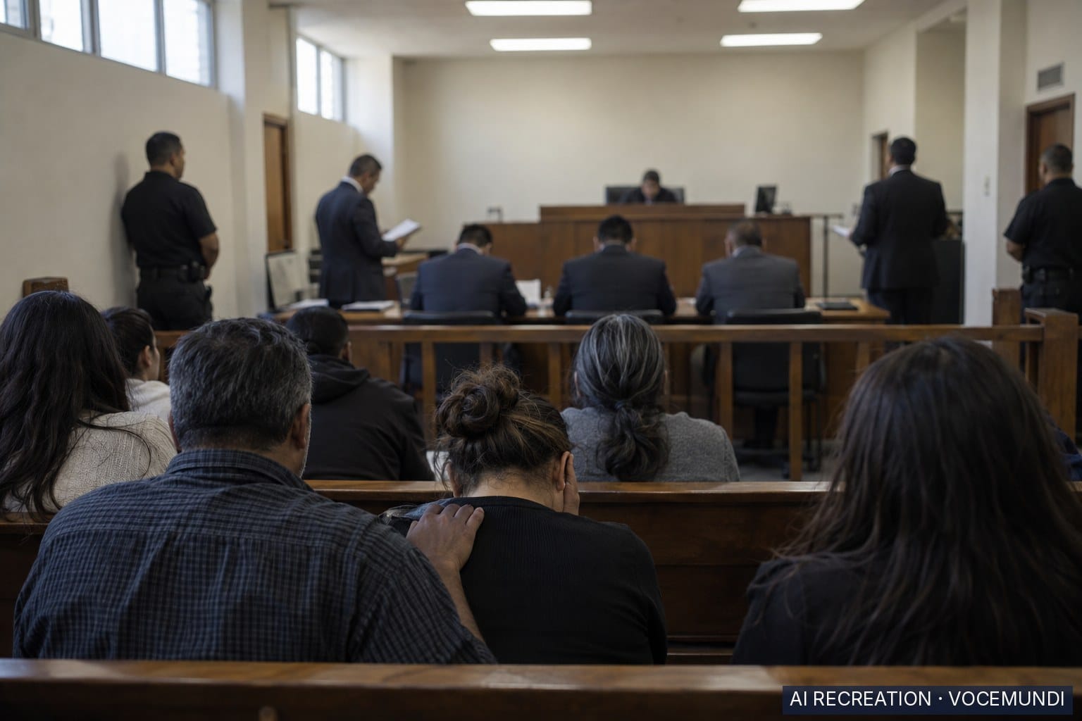 AI recreation: relatives seen from behind in an Ensenada courtroom as three men are convicted of murdering surfers.