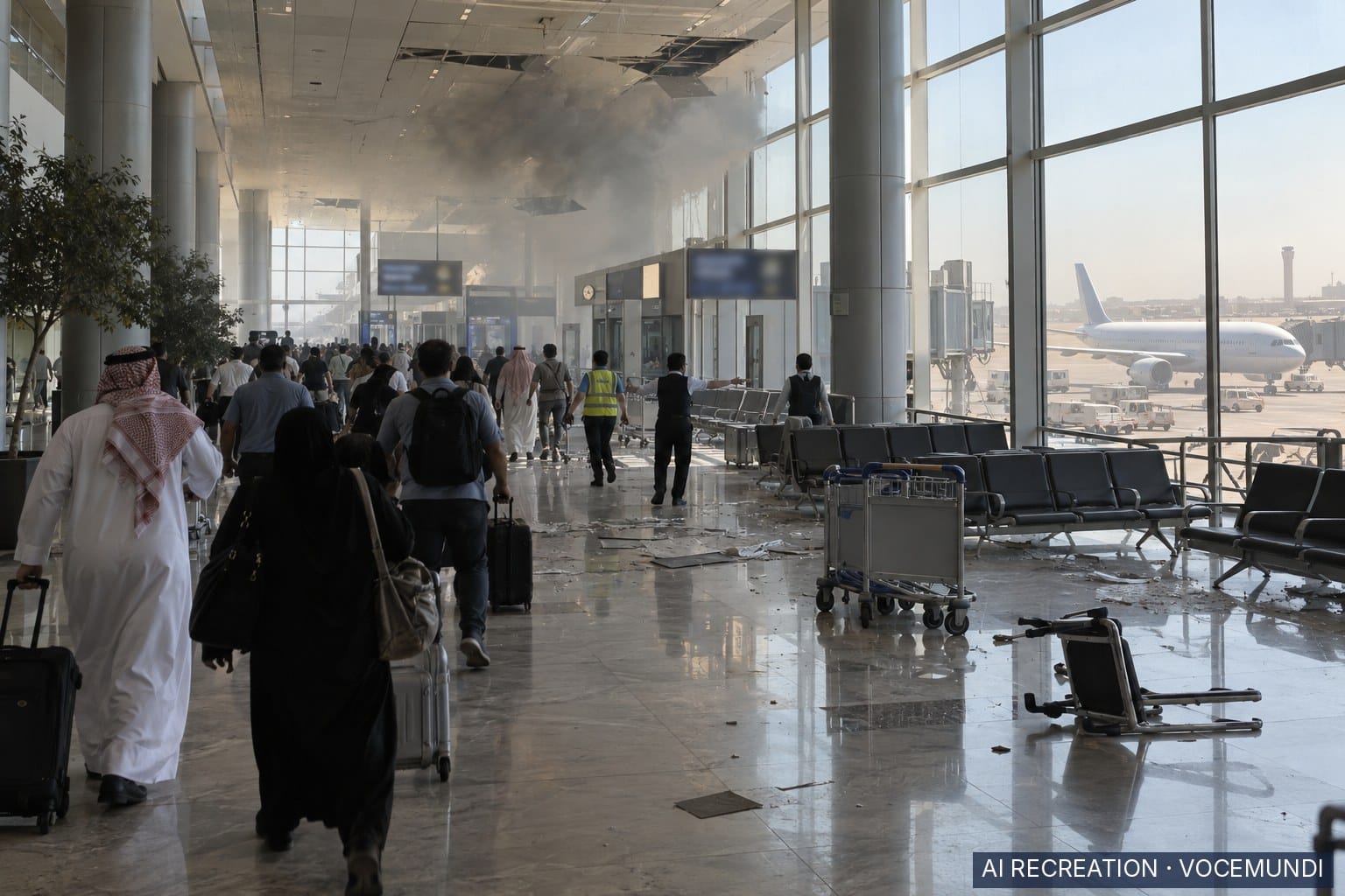 AI recreation: travellers evacuate a smoke-filled terminal at Riyadh's King Khalid International Airport after a reported blast.