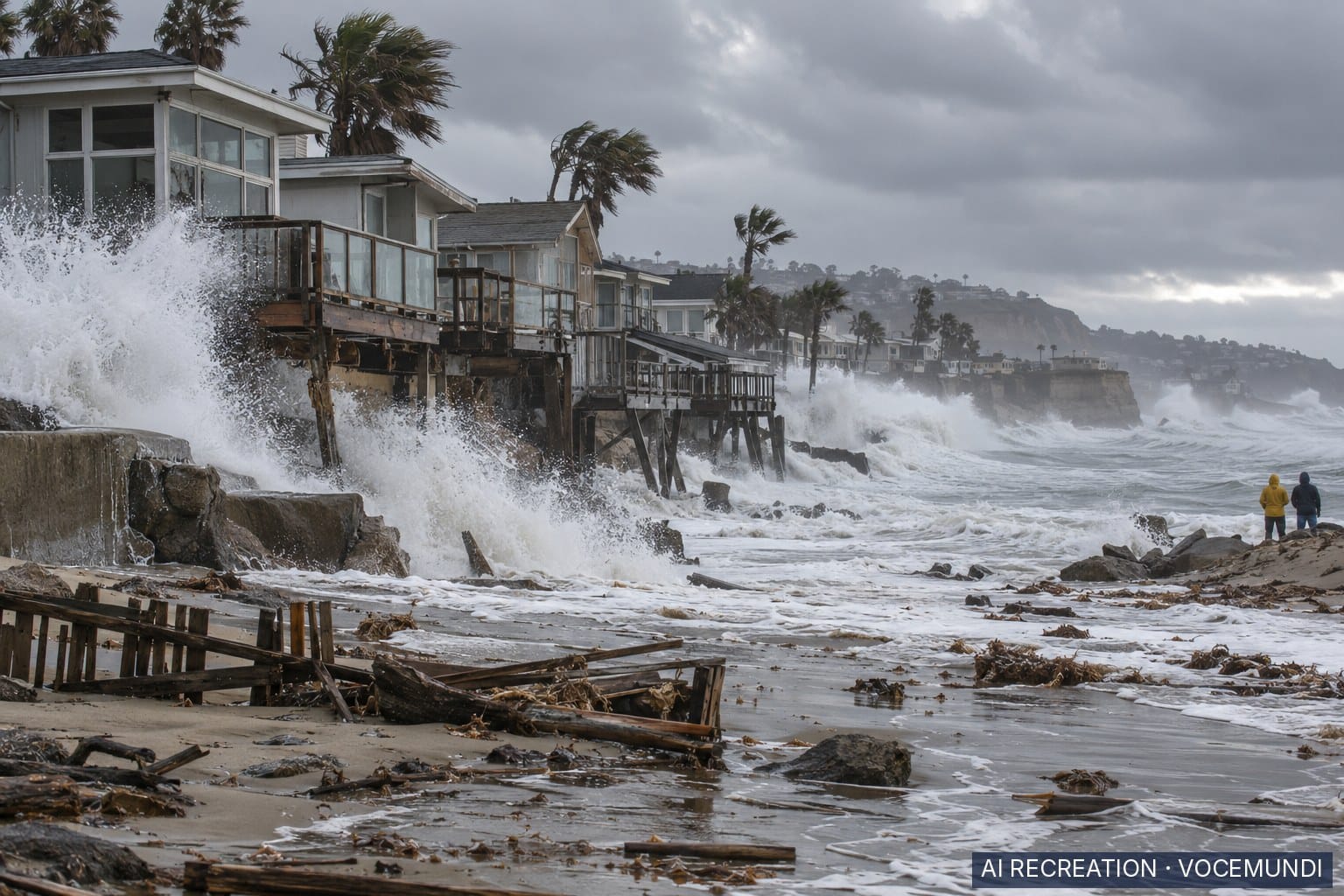 AI recreation: Large storm waves from Rachel pound beachfront homes on the Southern California coast.