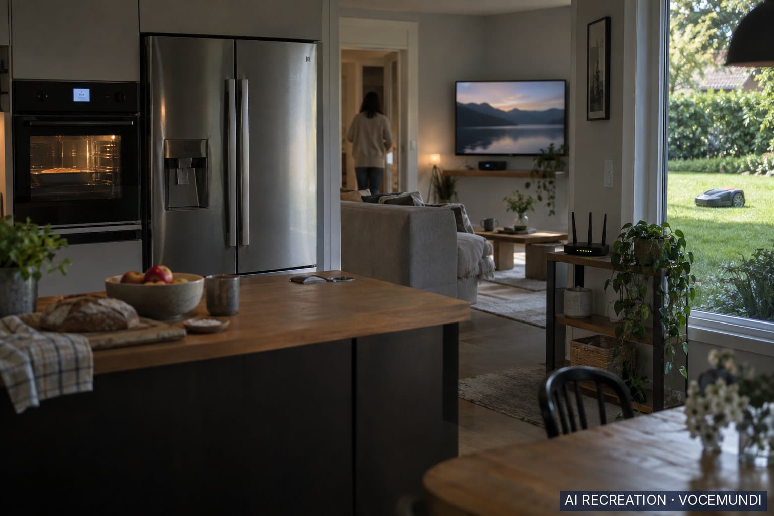 AI recreation: connected household devices including smart oven, fridge, TV and robotic lawnmower in an ordinary home.