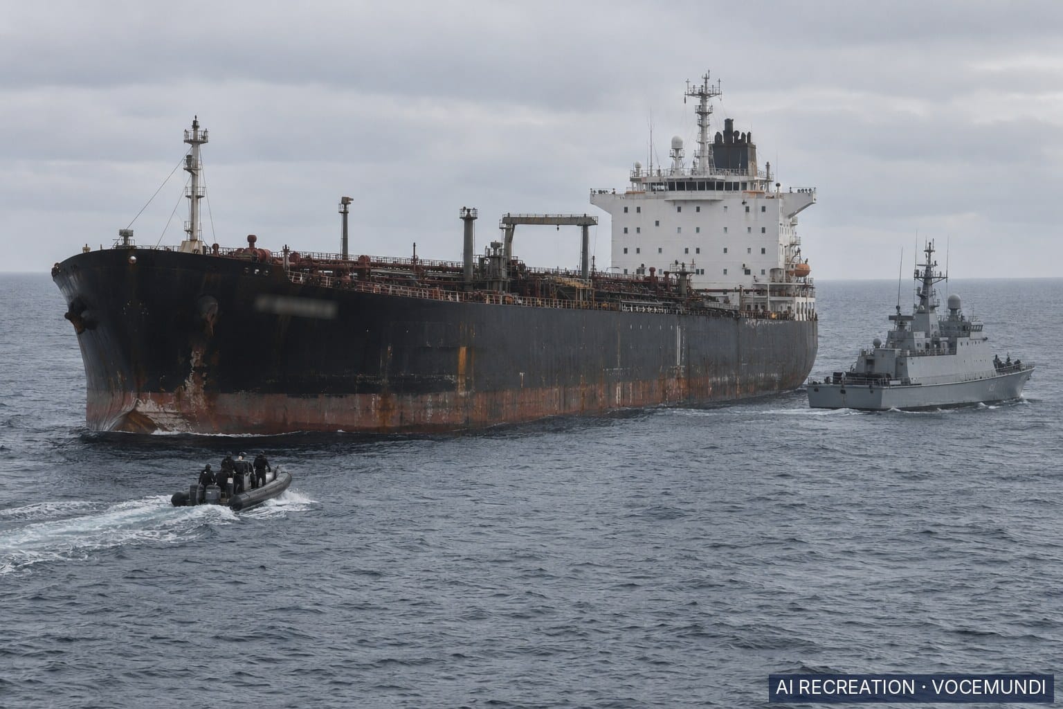 AI recreation: an oil tanker held at sea by an official patrol vessel during a seizure.