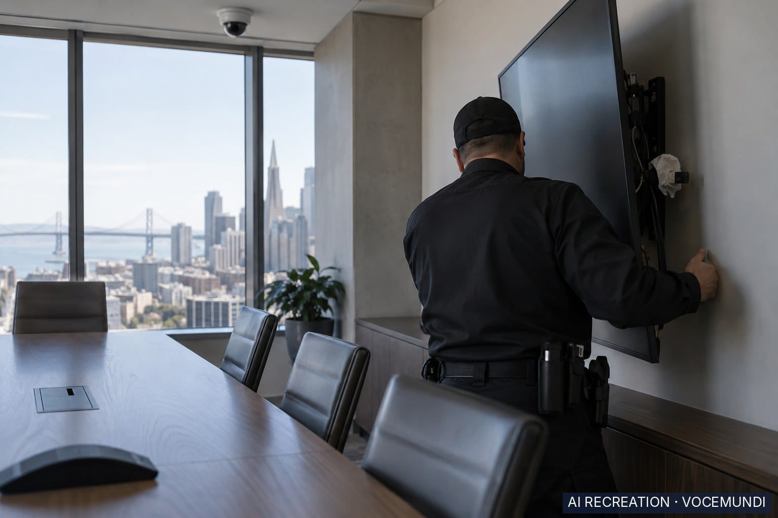 AI recreation: hidden USB recording device wrapped in toilet paper found behind TV in executive conference room.