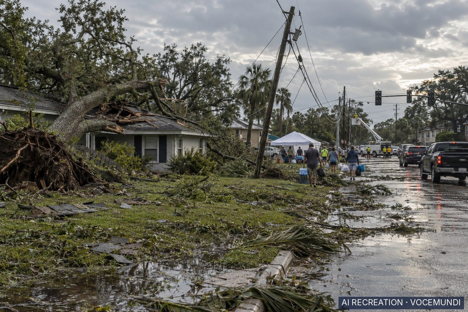 AI recreation: Fallen tree on a Florida home, downed power lines and supply distribution after Hurricane Isaias.