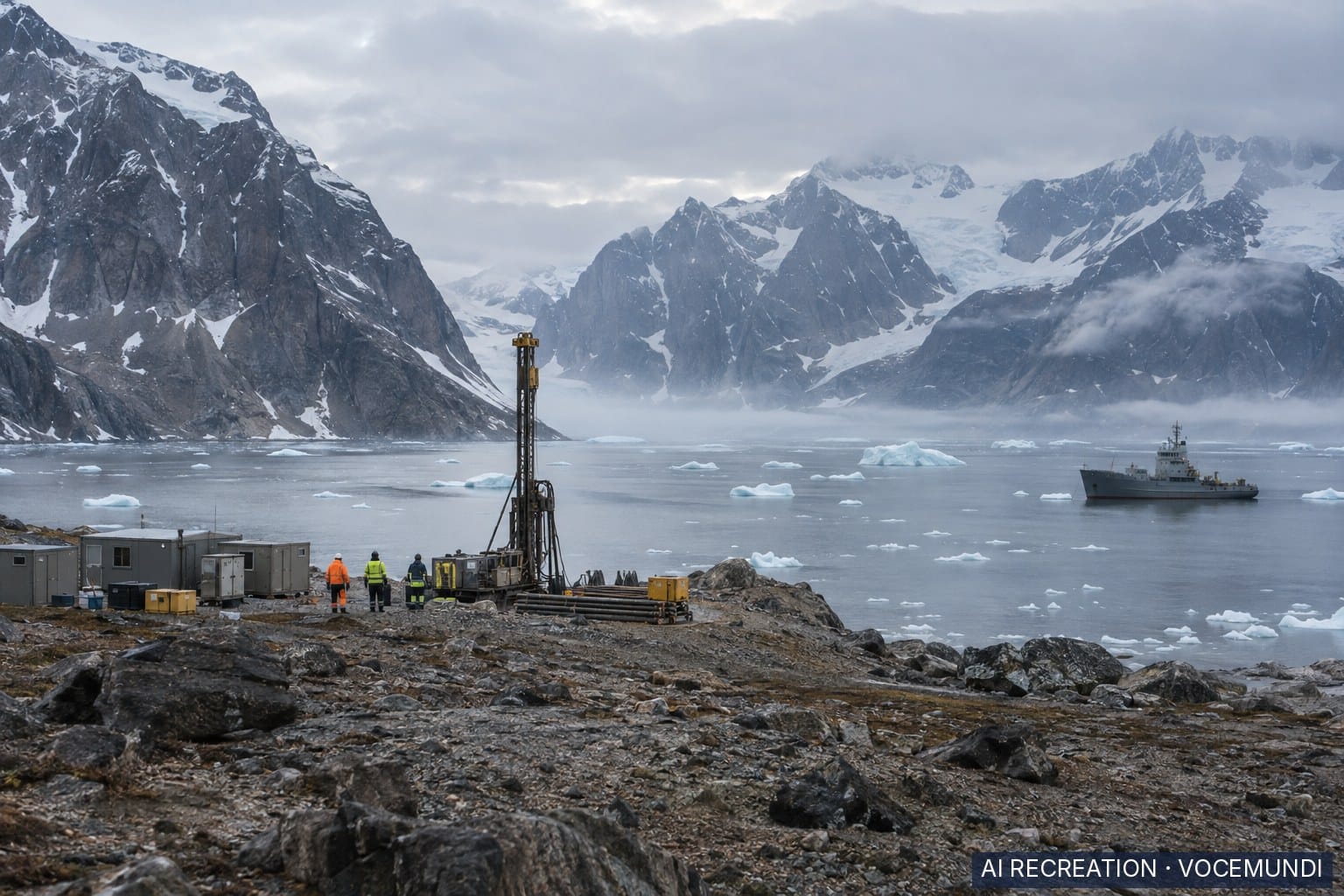 AI recreation: a small, unmarked resource exploration camp on Greenland's remote, iceberg-filled eastern coast.