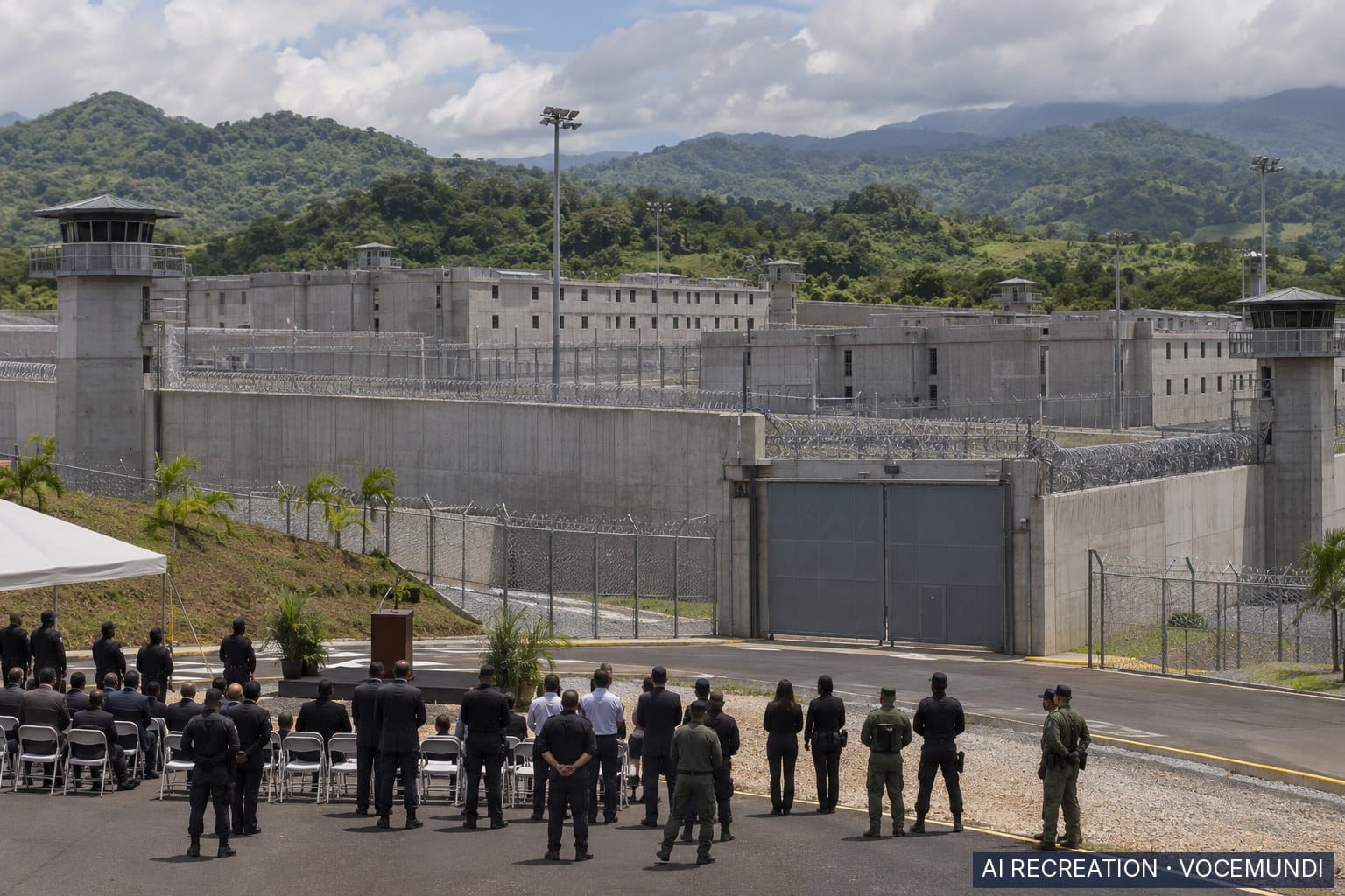 AI recreation: Costa Rica's new high-security prison complex during its inauguration ceremony, attendees seen from behind.