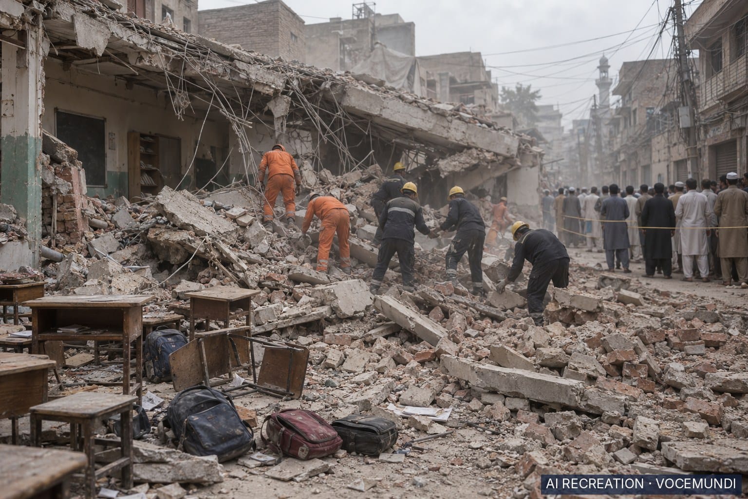 AI recreation: Rescue workers clear debris from the collapsed roof of a private school in Peshawar, Pakistan.