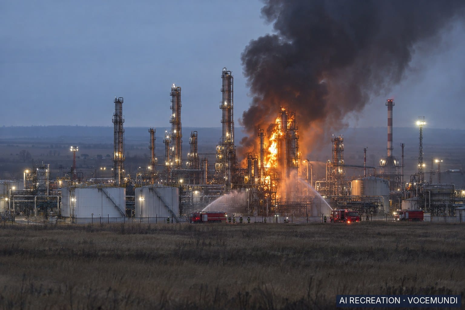 KI-Nachbildung: Feuer und dichter Rauch steigen nach einem Drohnenangriff aus einer Ölraffinerie in der russischen Region Rjasan auf.