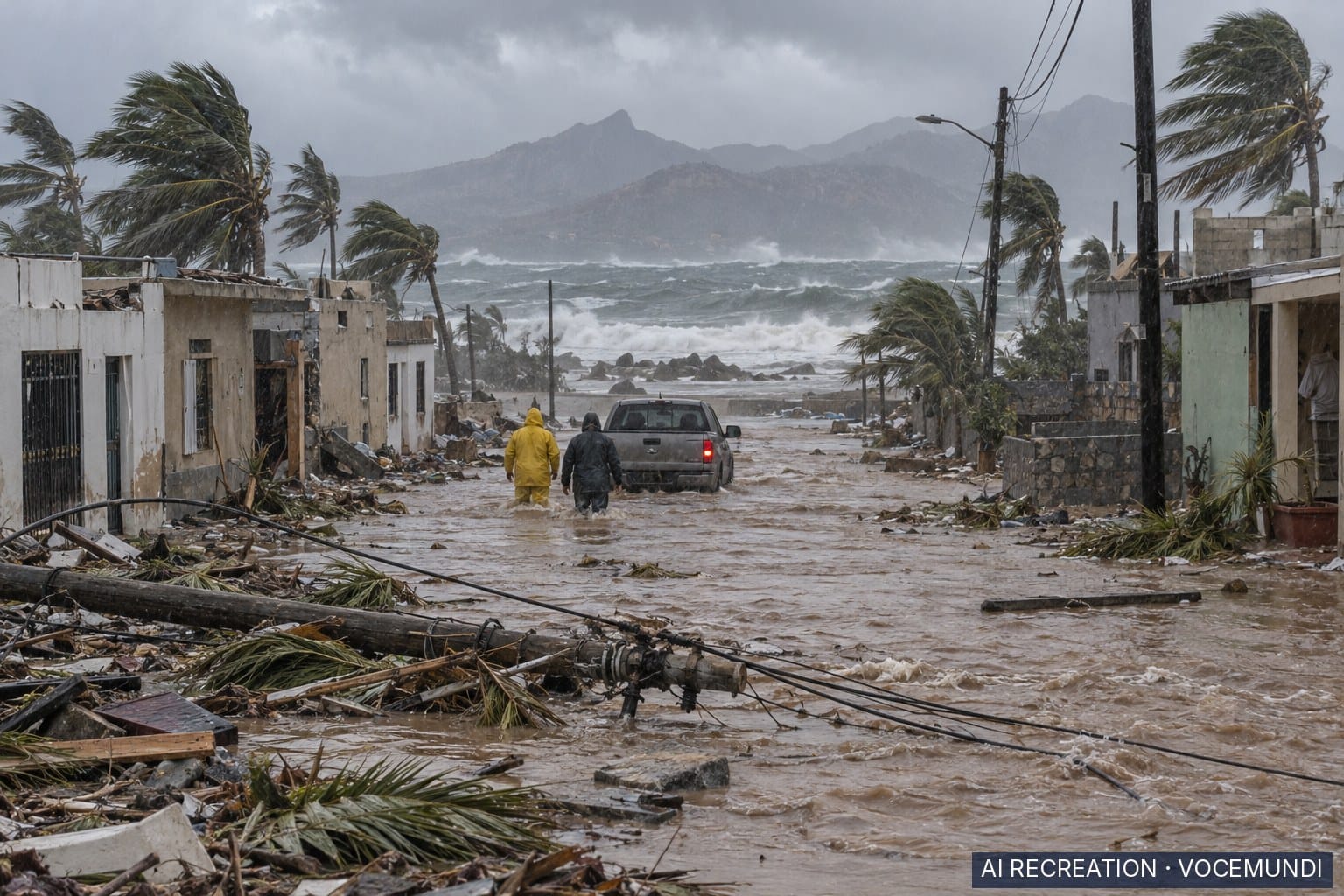 AI recreation: Hurricane Polo's torrential rain and wind flooding a coastal street in Baja California Sur, Mexico.