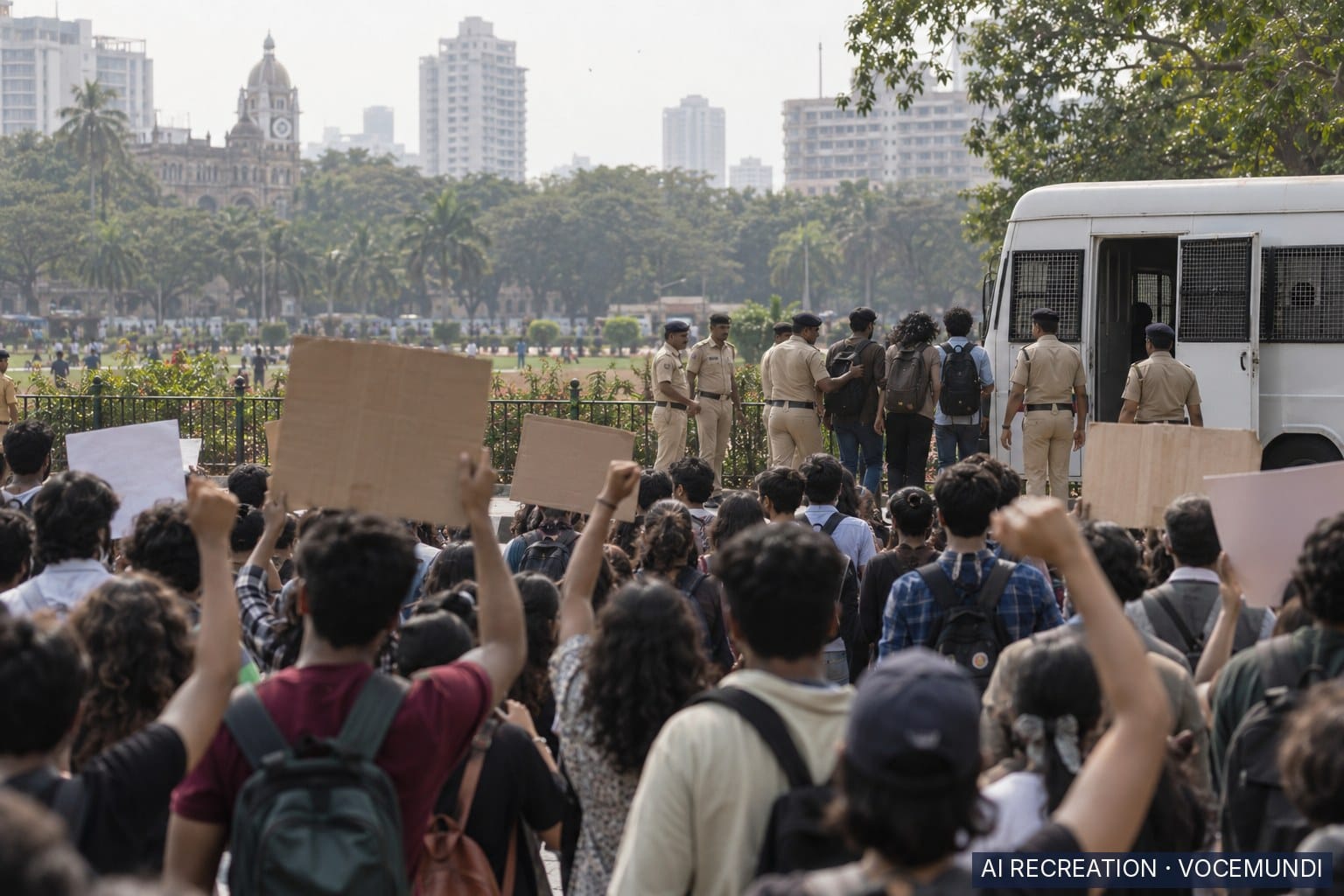 AI recreation: Young protesters and police van at Mumbai's August Kranti Maidan during election commissioner resignation protest.