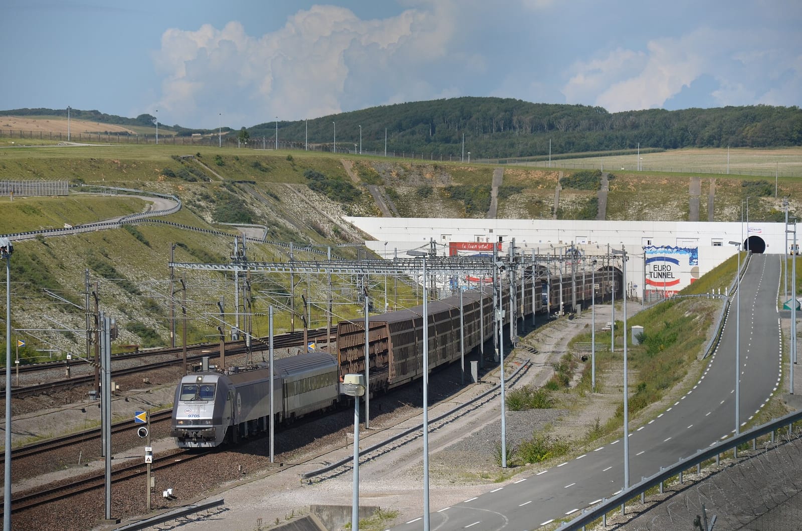 File photo: Eurotunnel shuttle train exits Channel Tunnel at Coquelles, France