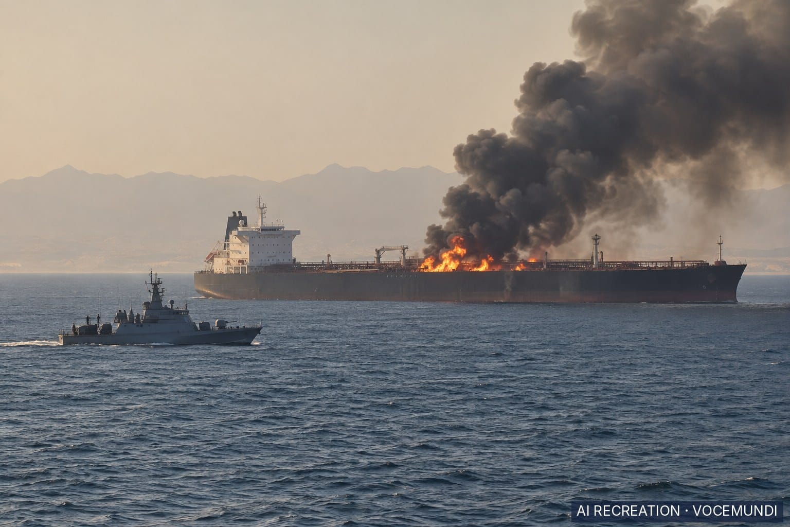 AI recreation: an unidentified oil tanker burning in the Gulf of Oman, watched by a distant patrol boat.