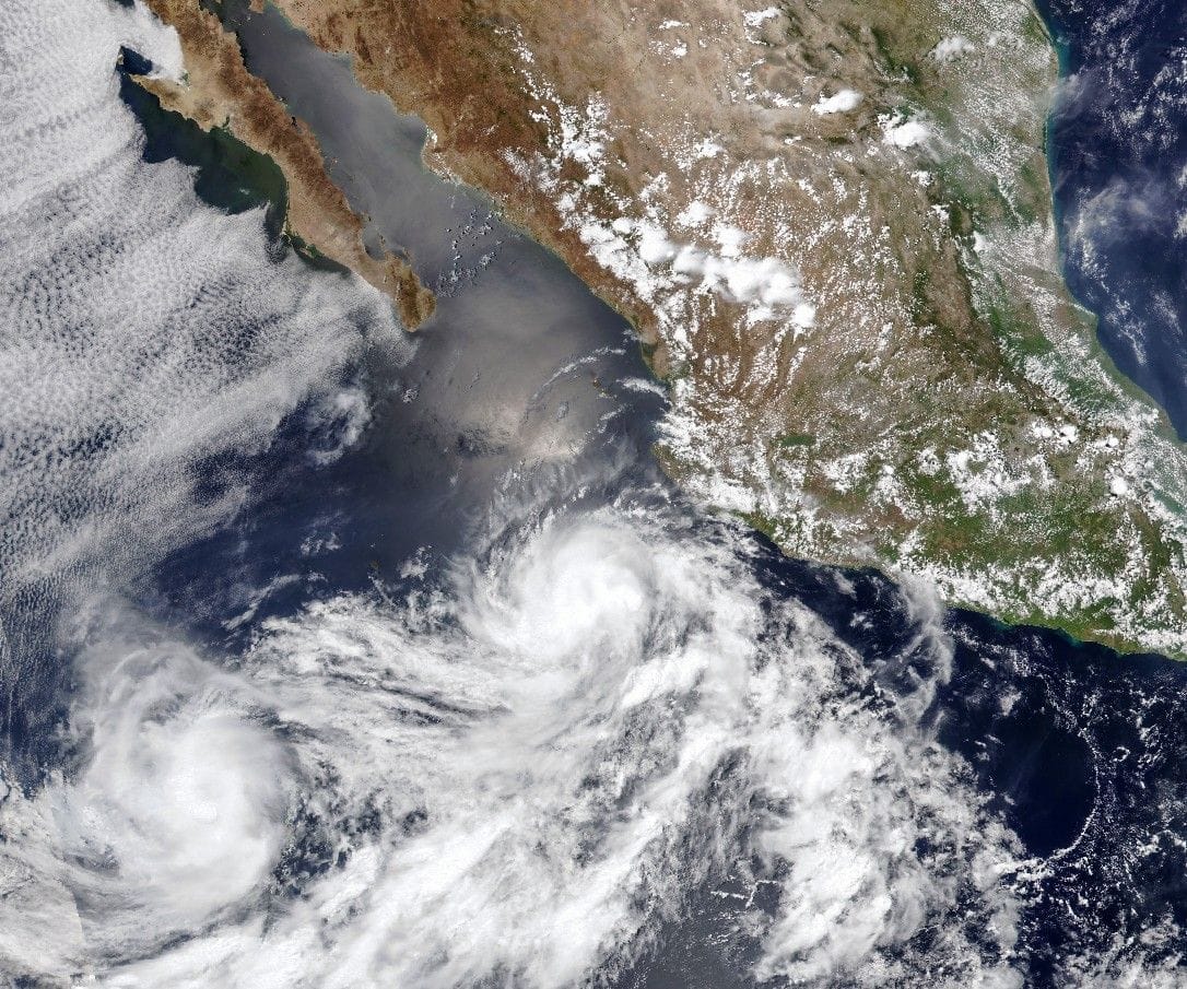 File photo: Two tropical cyclones churn off Mexico's Pacific coast, 2025