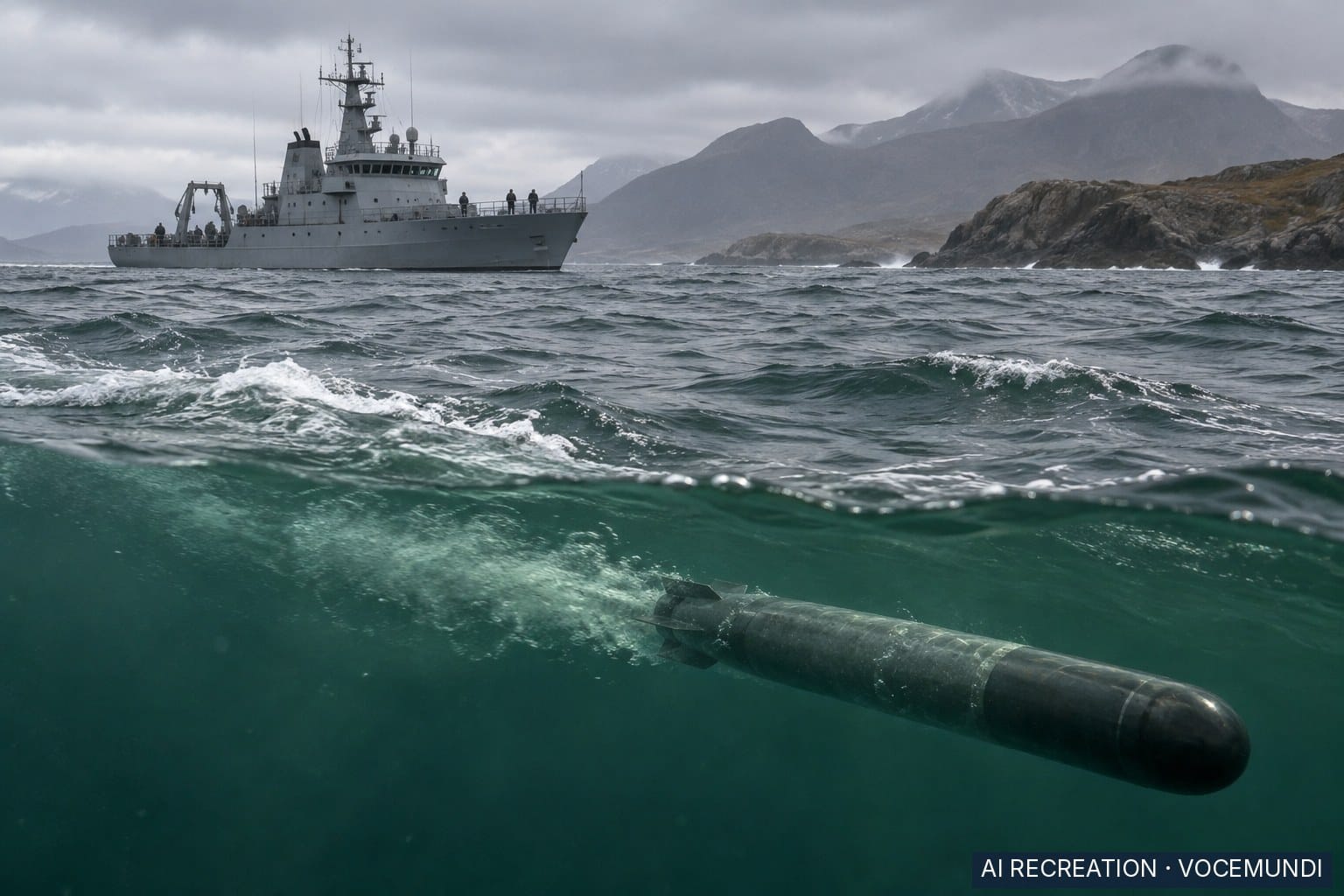 Recréation par IA : une torpille file à grande vitesse sous la surface de la mer lors d'un essai, tandis que des observateurs la regardent au loin depuis un navire.