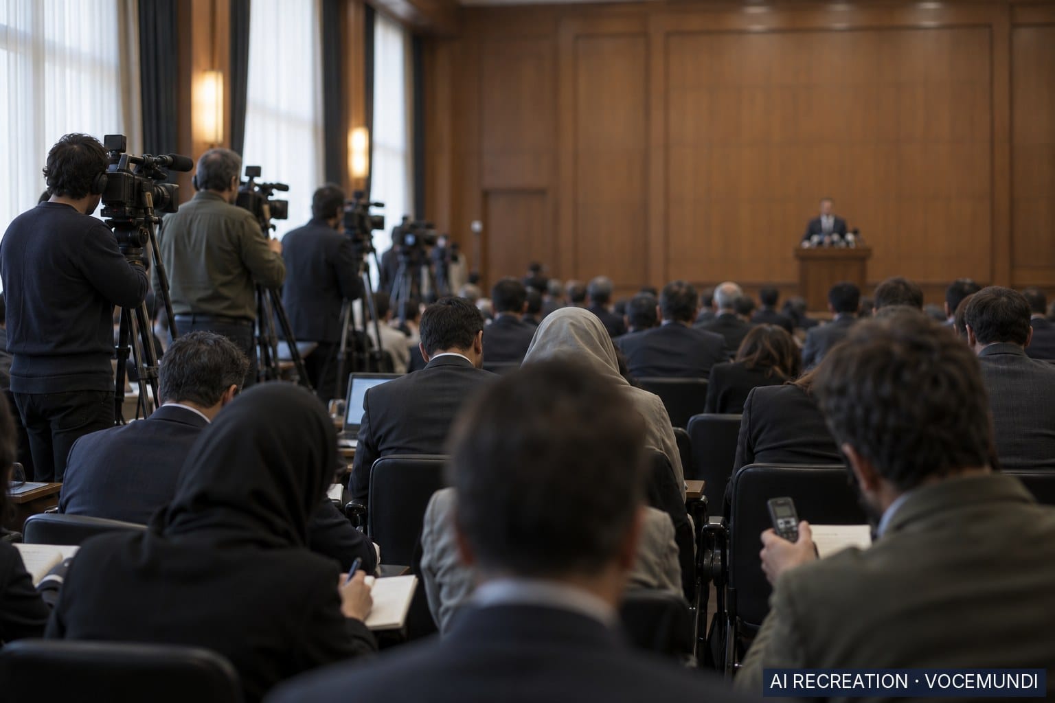 AI recreation: Iran's Foreign Ministry spokesman addresses reporters at a Tehran briefing, denying a role in Houthi attacks.