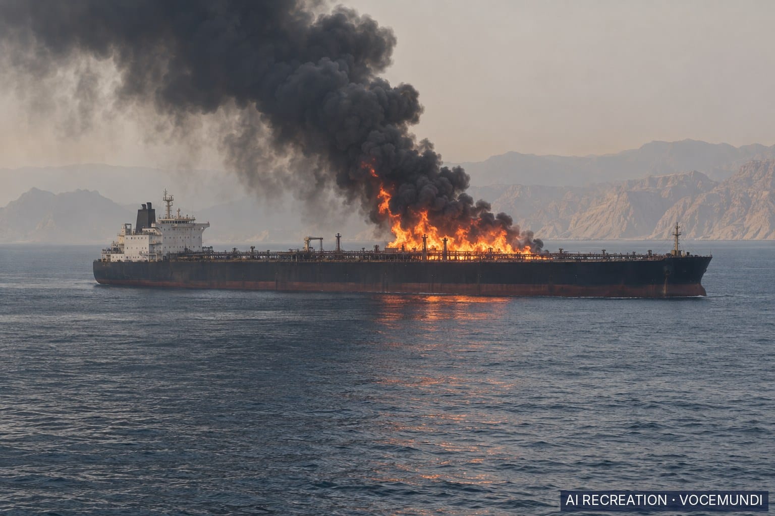 AI recreation: a supertanker burning in the Strait of Hormuz after Iran said it struck a mine.