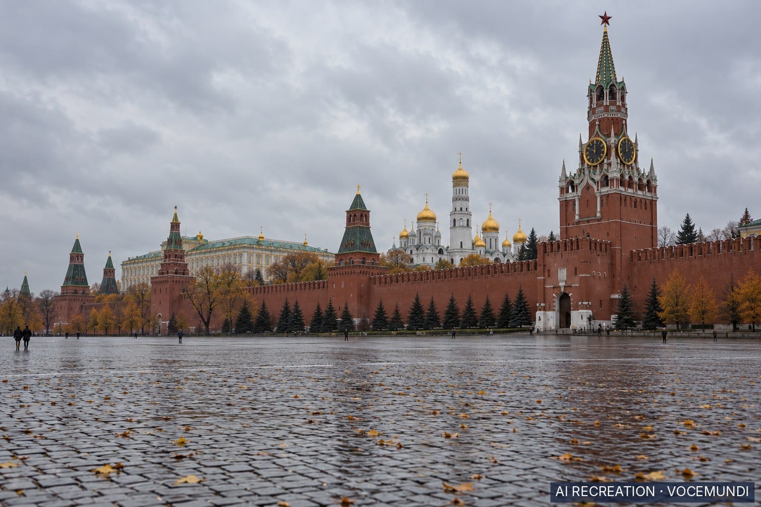 AI recreation: The Moscow Kremlin on an overcast October day, where officials commented on Russia's strikes on Ukraine.
